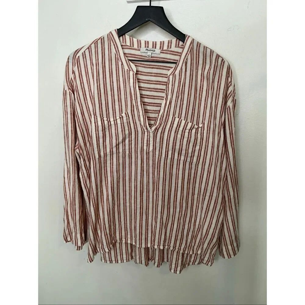 Madewell Stripe Cotton Blouse | Red and White in Large